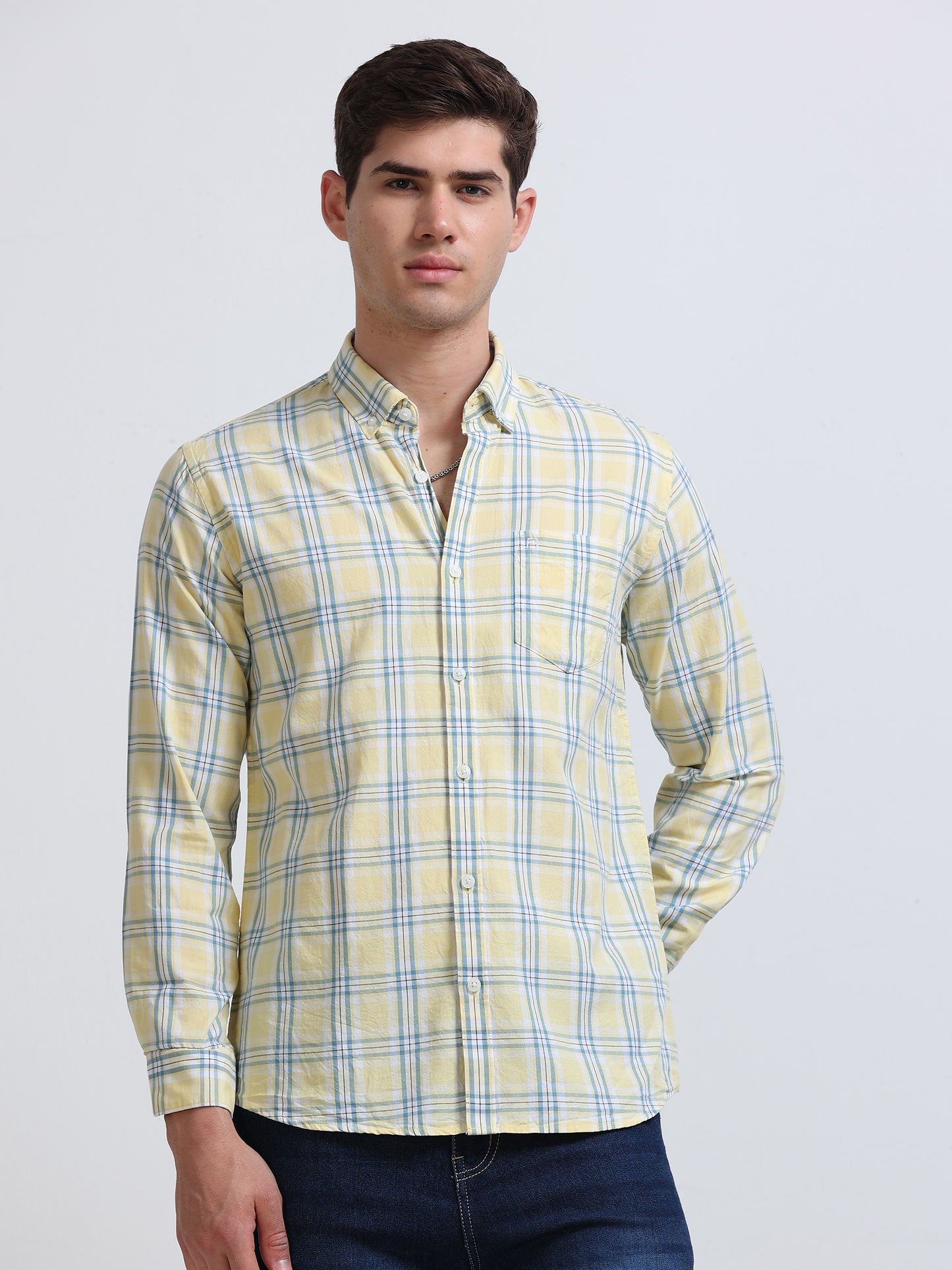 Yellow Blue Large Check Full Sleeve Cotton Shirt