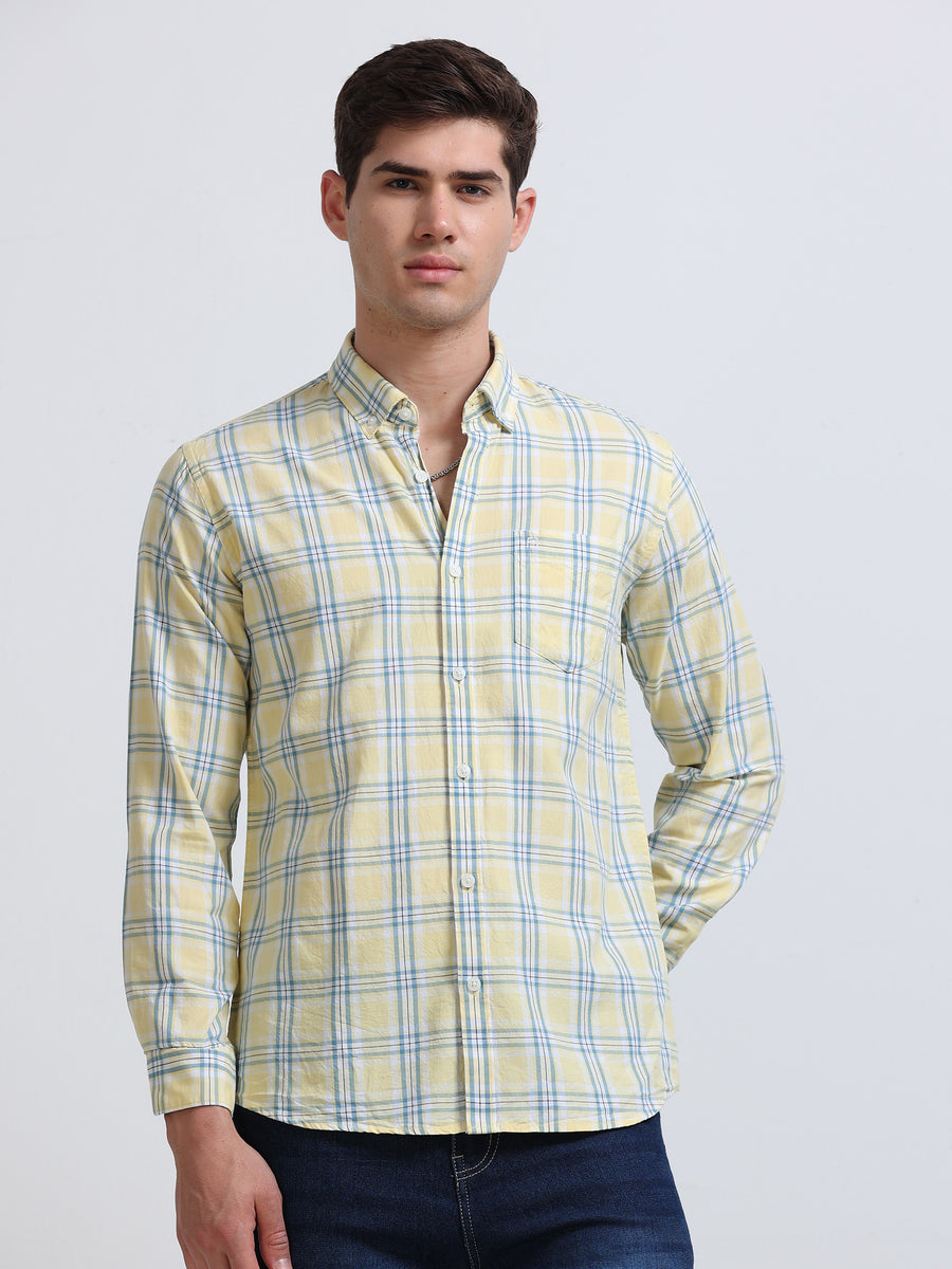 Yellow Blue Large Check Full Sleeve Cotton Shirt