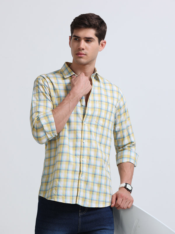 Yellow Aqua Small Check Full Sleeve Cotton Shirt