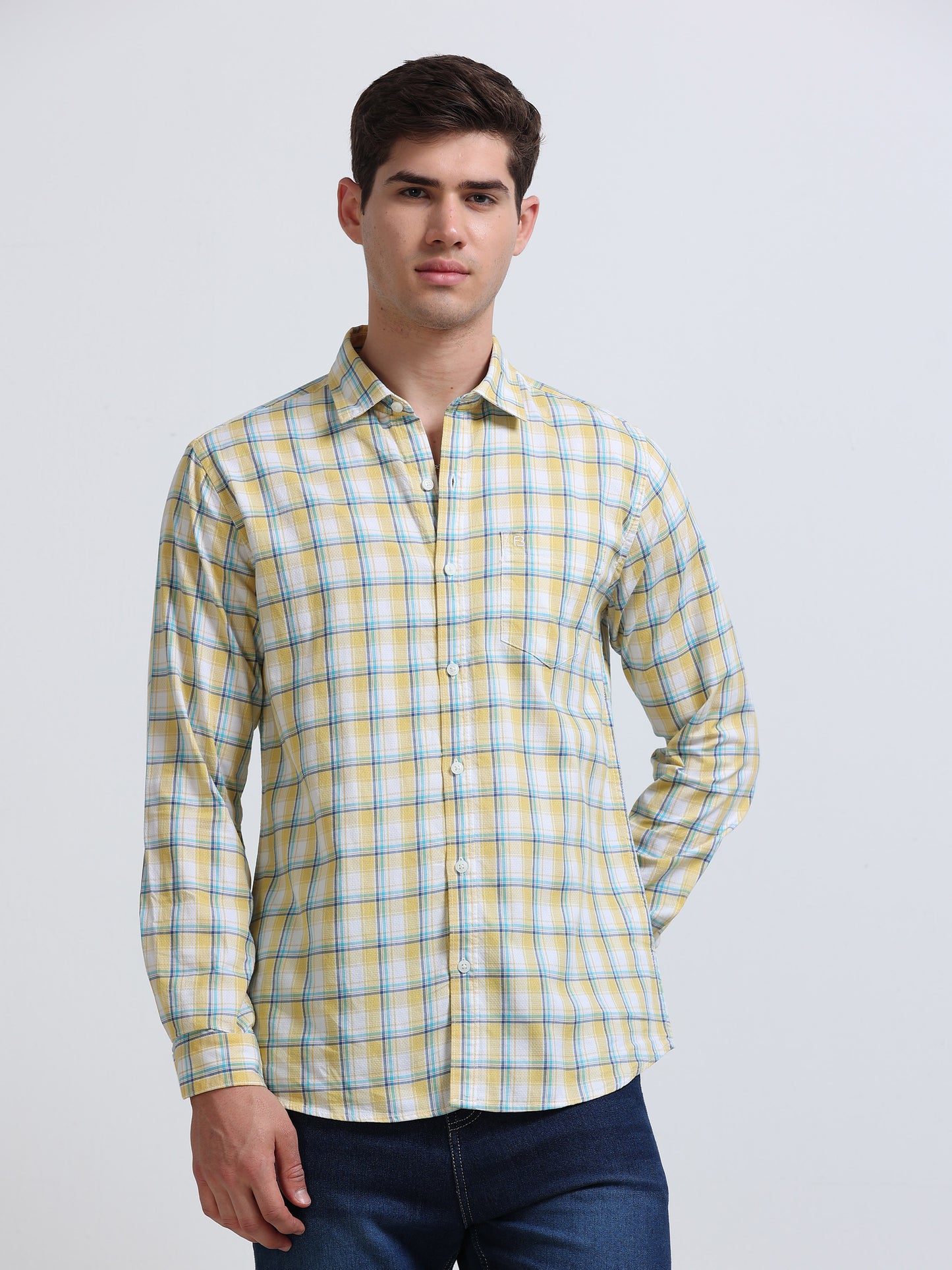 Yellow Aqua Small Check Full Sleeve Cotton Shirt