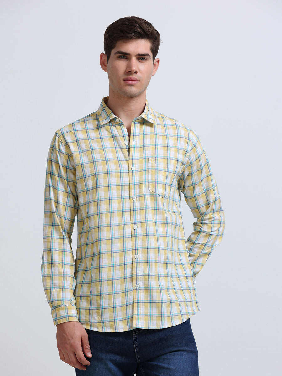 Yellow Aqua Small Check Full Sleeve Cotton Shirt