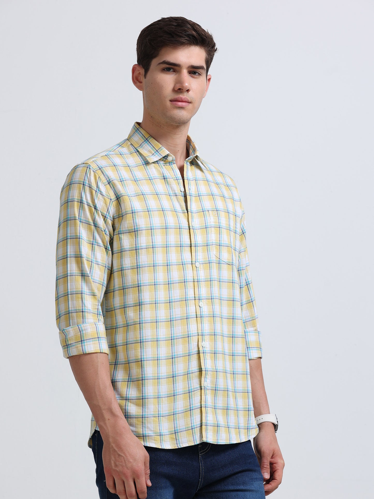 Yellow Aqua Small Check Full Sleeve Cotton Shirt
