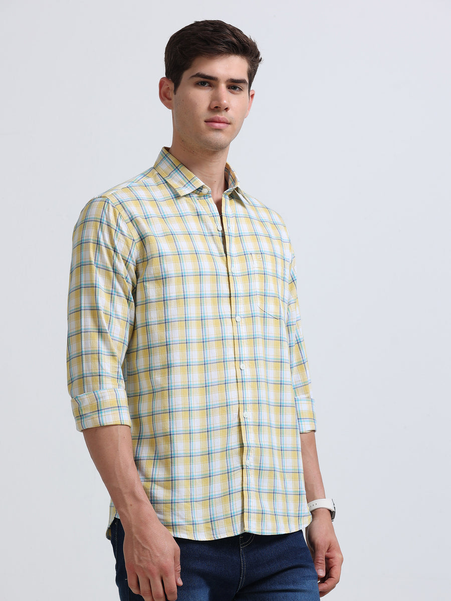 Yellow Aqua Small Check Full Sleeve Cotton Shirt