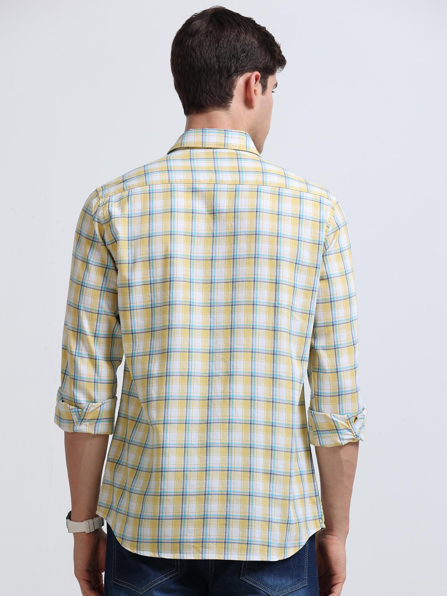 Yellow Aqua Small Check Full Sleeve Cotton Shirt