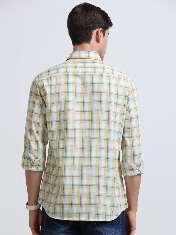 Yellow Aqua Small Check Full Sleeve Cotton Shirt