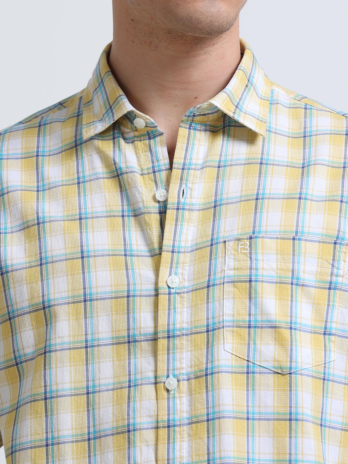 Yellow Aqua Small Check Full Sleeve Cotton Shirt