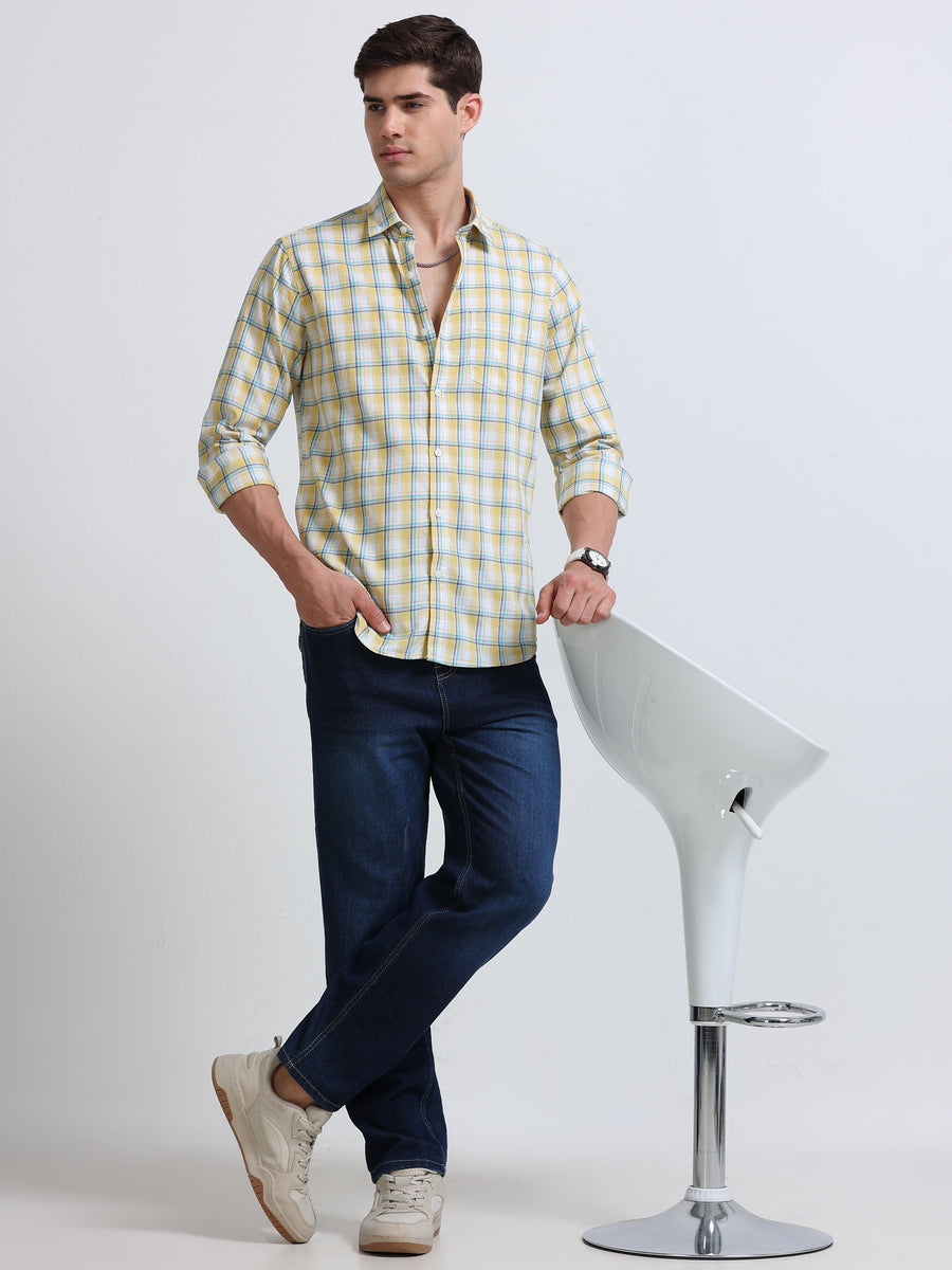 Yellow Aqua Small Check Full Sleeve Cotton Shirt