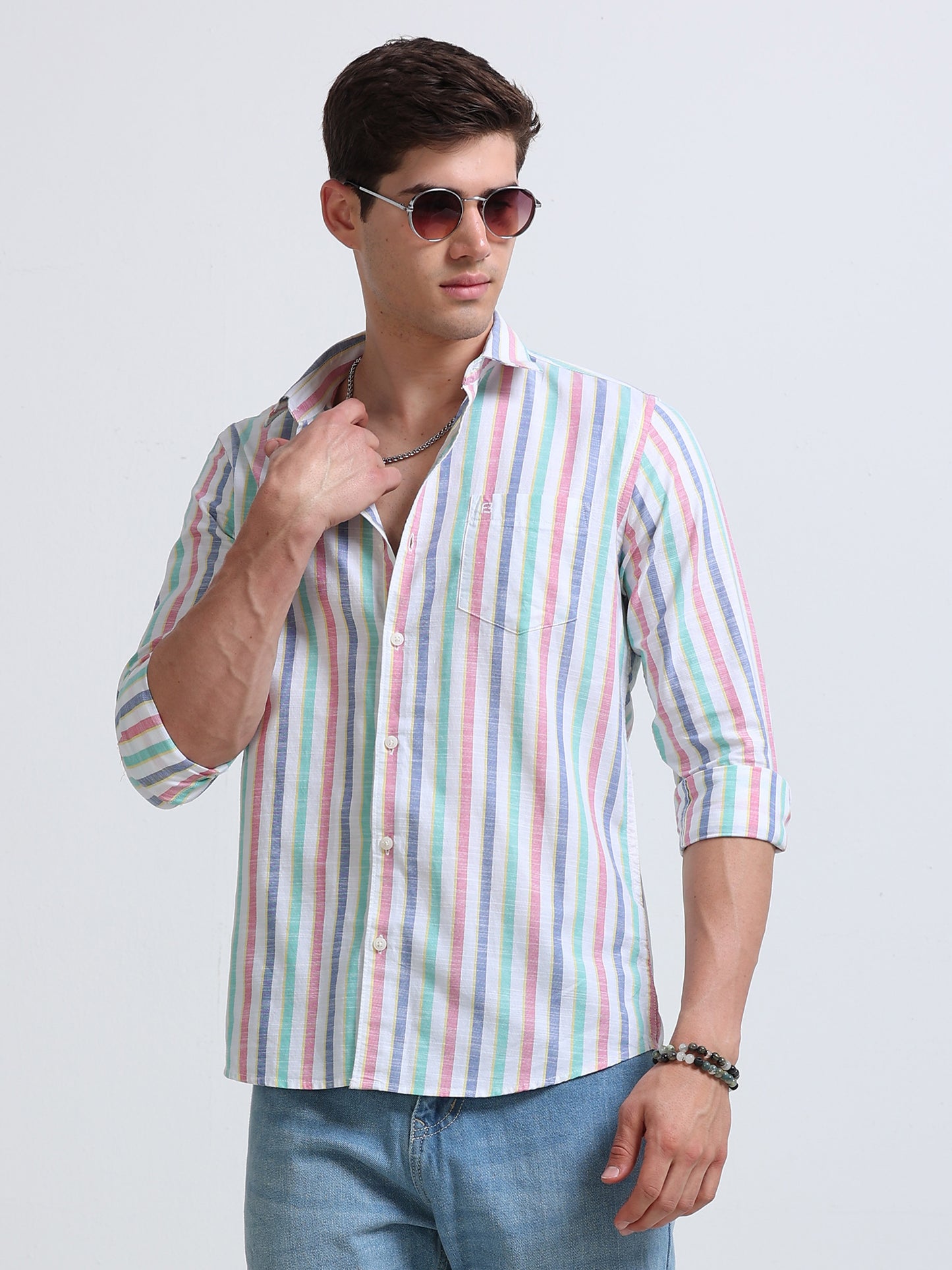 White Red and Green Vertical Stripe Full Sleeve Cotton Shirt