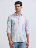 White Red and Green Vertical Stripe Full Sleeve Cotton Shirt