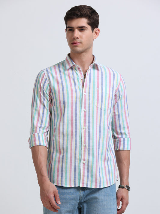 White Red and Green Vertical Stripe Full Sleeve Cotton Shirt