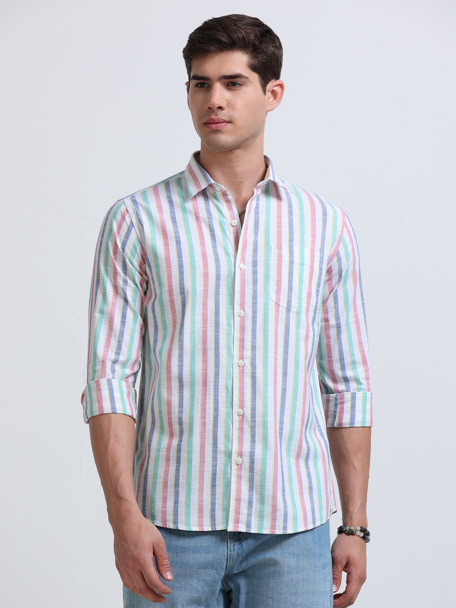 White Red and Green Vertical Stripe Full Sleeve Cotton Shirt