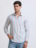White Red and Green Vertical Stripe Full Sleeve Cotton Shirt
