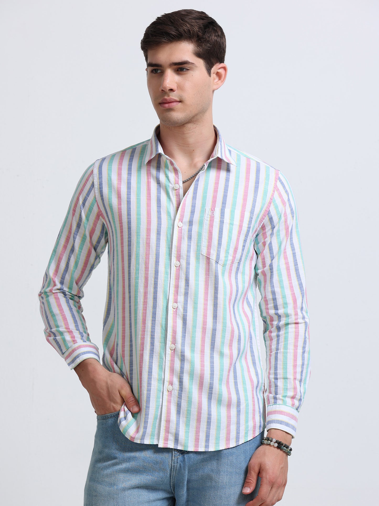 White Red and Green Vertical Stripe Full Sleeve Cotton Shirt