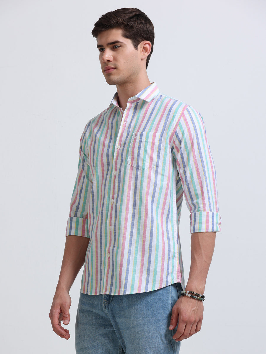 White Red and Green Vertical Stripe Full Sleeve Cotton Shirt