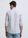 White Red and Green Vertical Stripe Full Sleeve Cotton Shirt