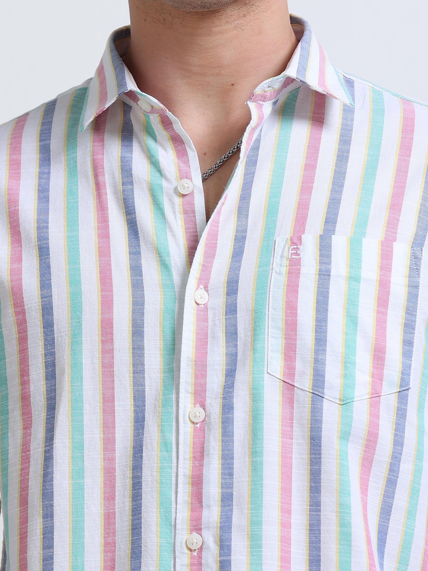 White Red and Green Vertical Stripe Full Sleeve Cotton Shirt