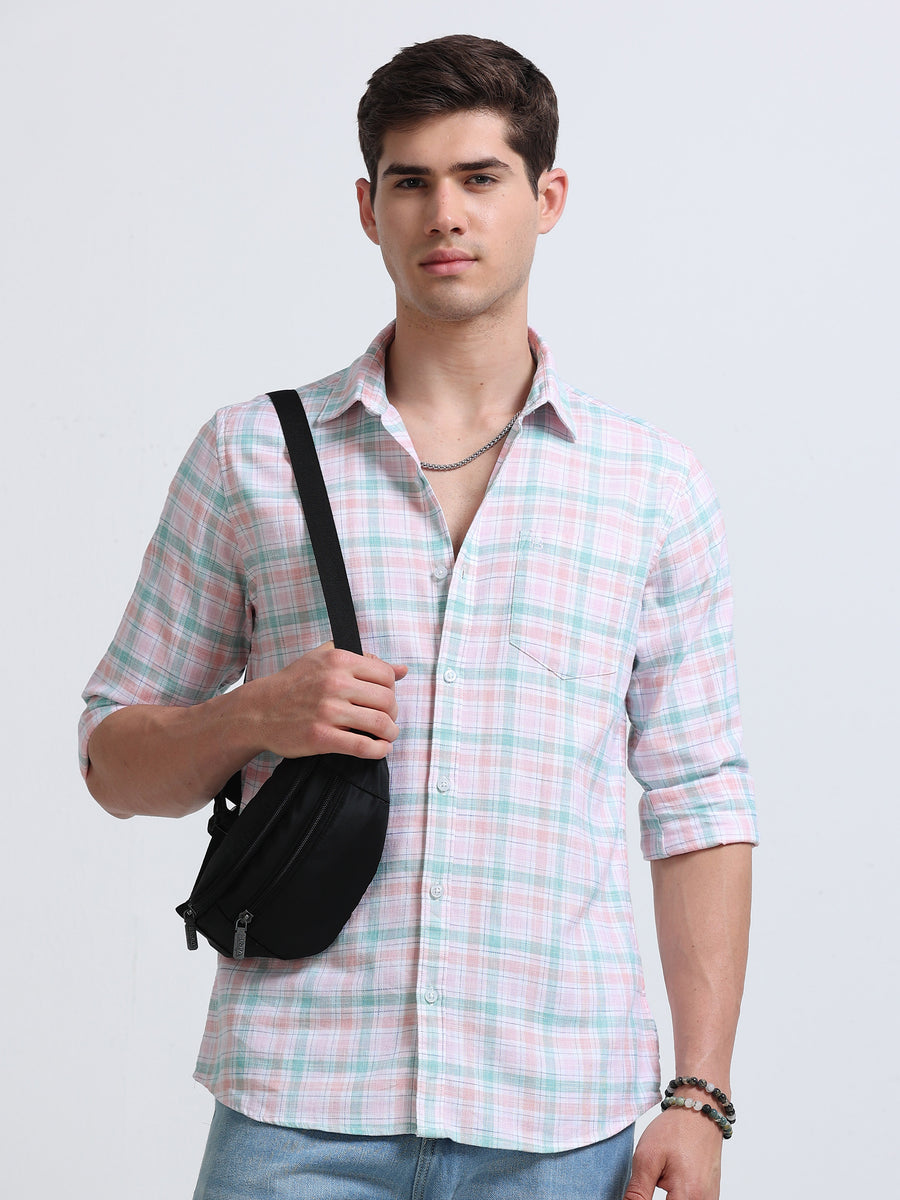 Pink Green Check Full Sleeve Cotton Shirt