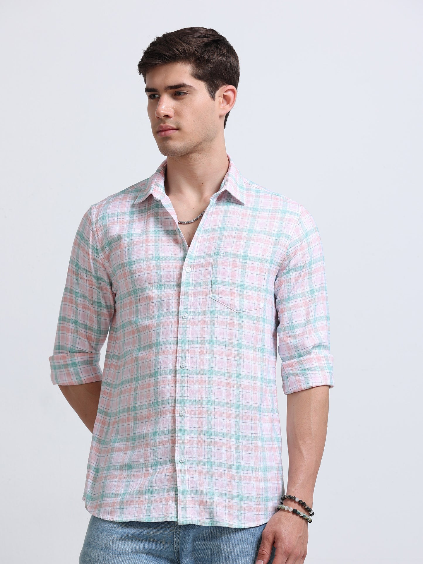 Pink Green Check Full Sleeve Cotton Shirt