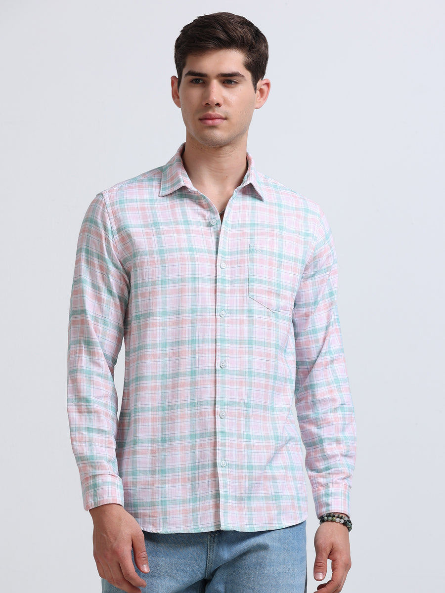 Pink Green Check Full Sleeve Cotton Shirt