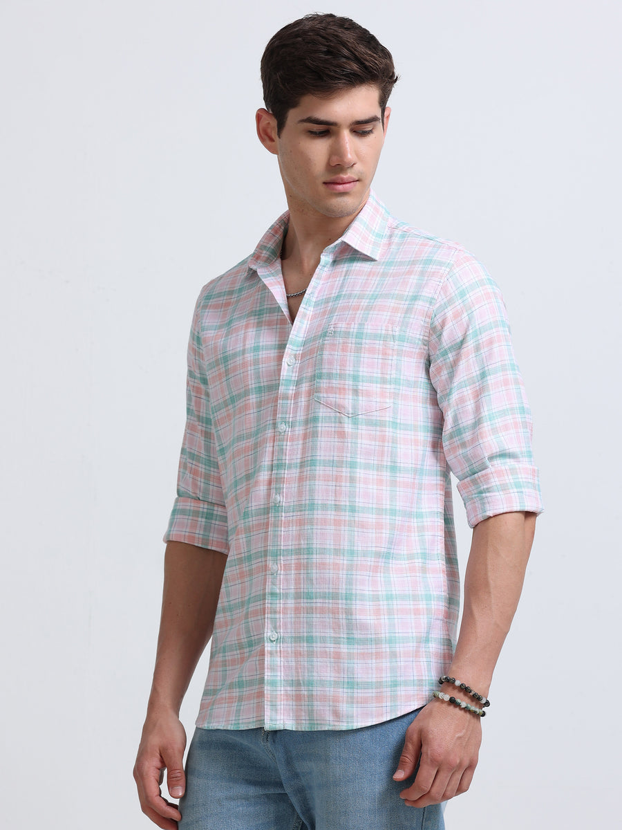 Pink Green Check Full Sleeve Cotton Shirt