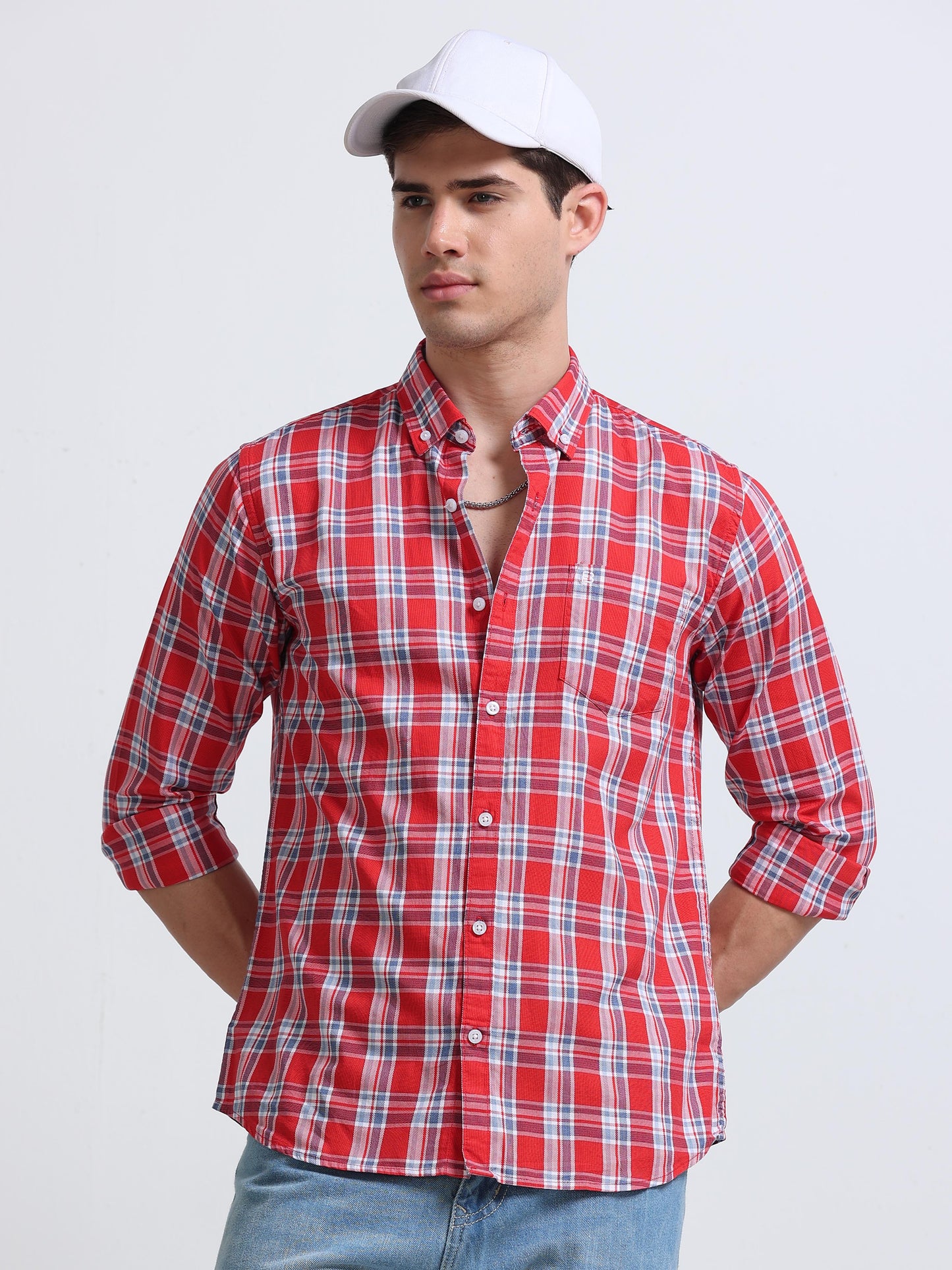 Red Multicolor Large Check Full Sleeve Cotton Shirt
