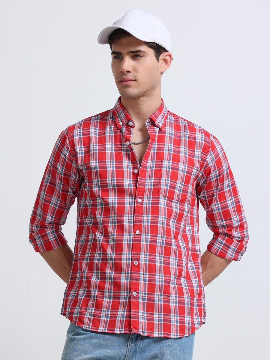 Red Multicolor Large Check Full Sleeve Cotton Shirt