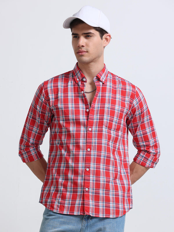 Red Multicolor Large Check Full Sleeve Cotton Shirt