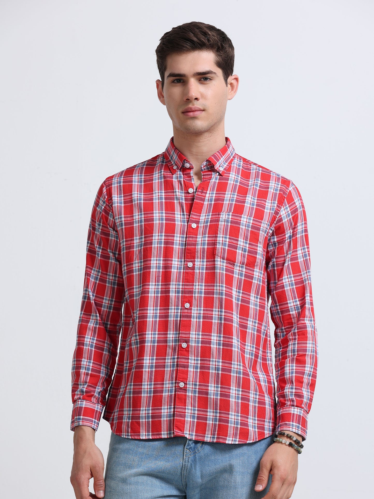 Red Multicolor Large Check Full Sleeve Cotton Shirt