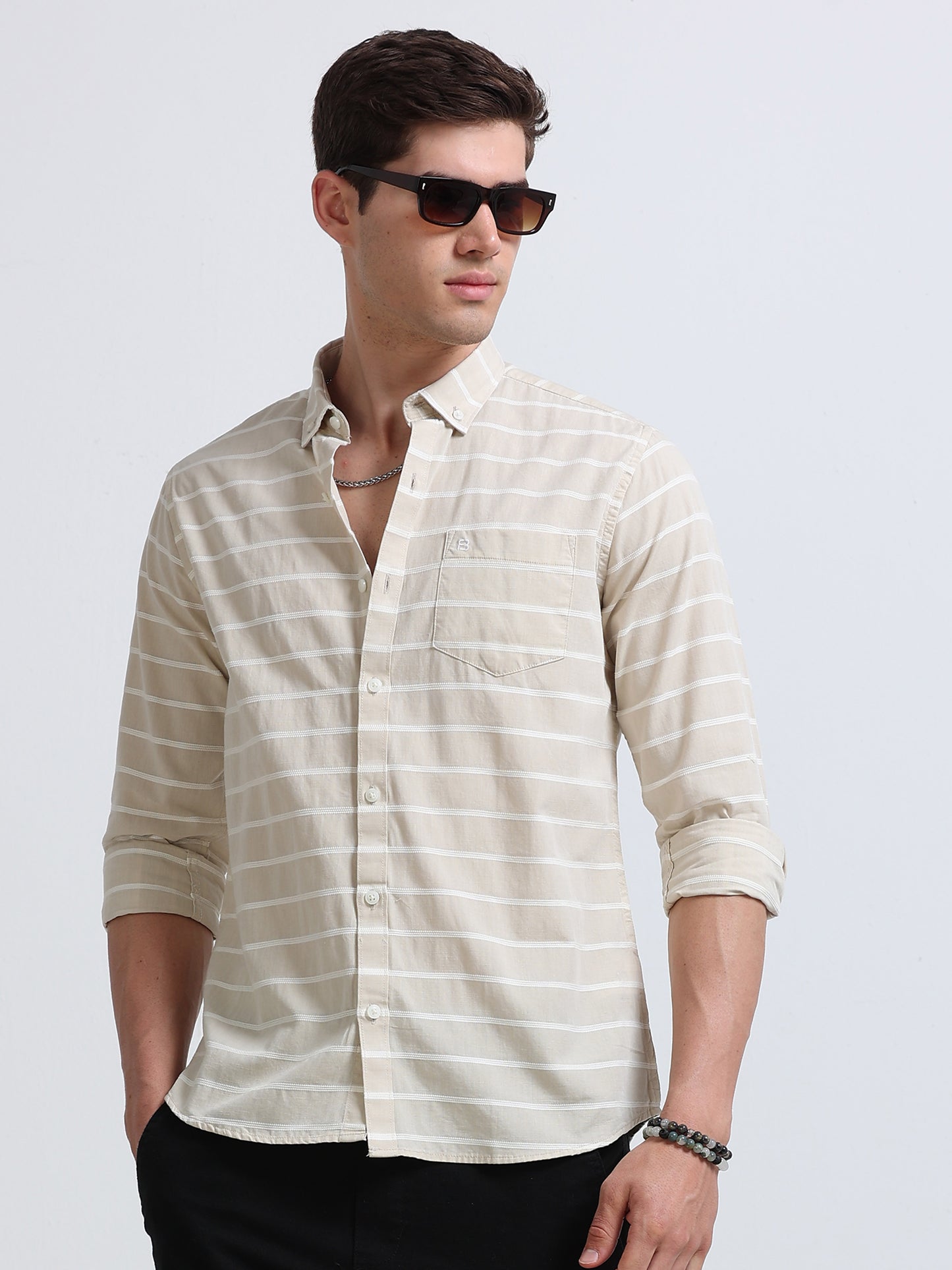 Beige White Horizontal Stripe Full Sleeve Cotton Shirt