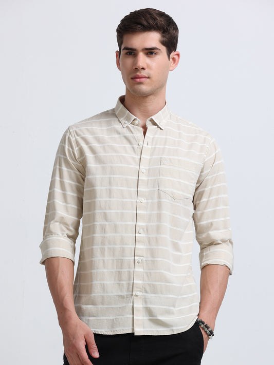 Beige White Horizontal Stripe Full Sleeve Cotton Shirt