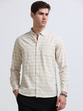 Beige White Horizontal Stripe Full Sleeve Cotton Shirt