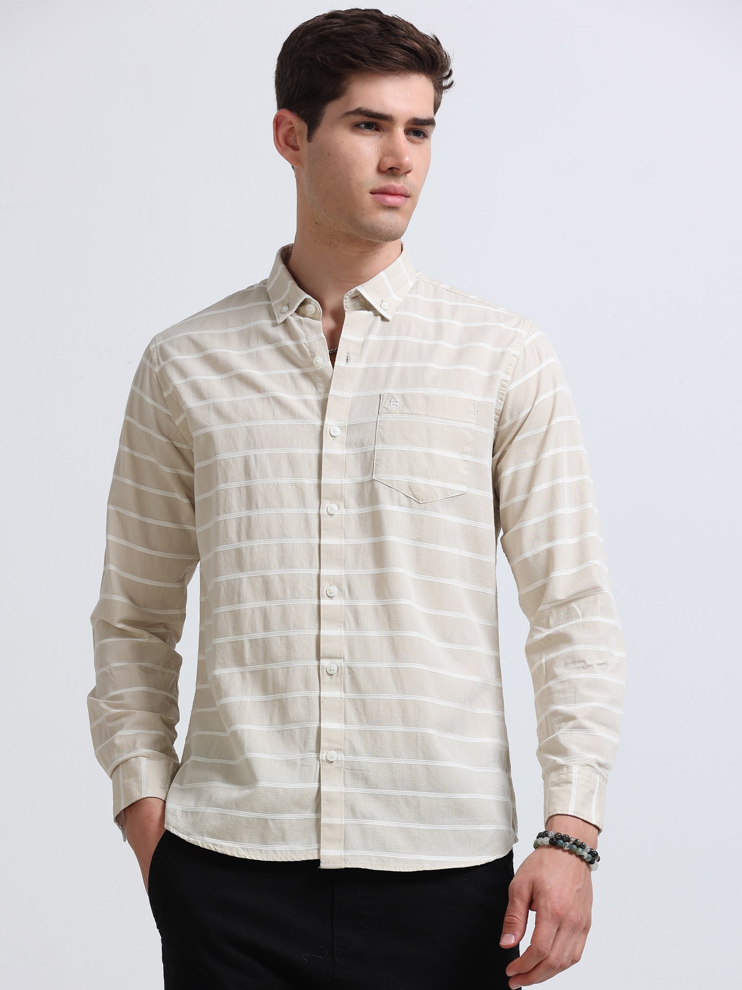 Beige White Horizontal Stripe Full Sleeve Cotton Shirt