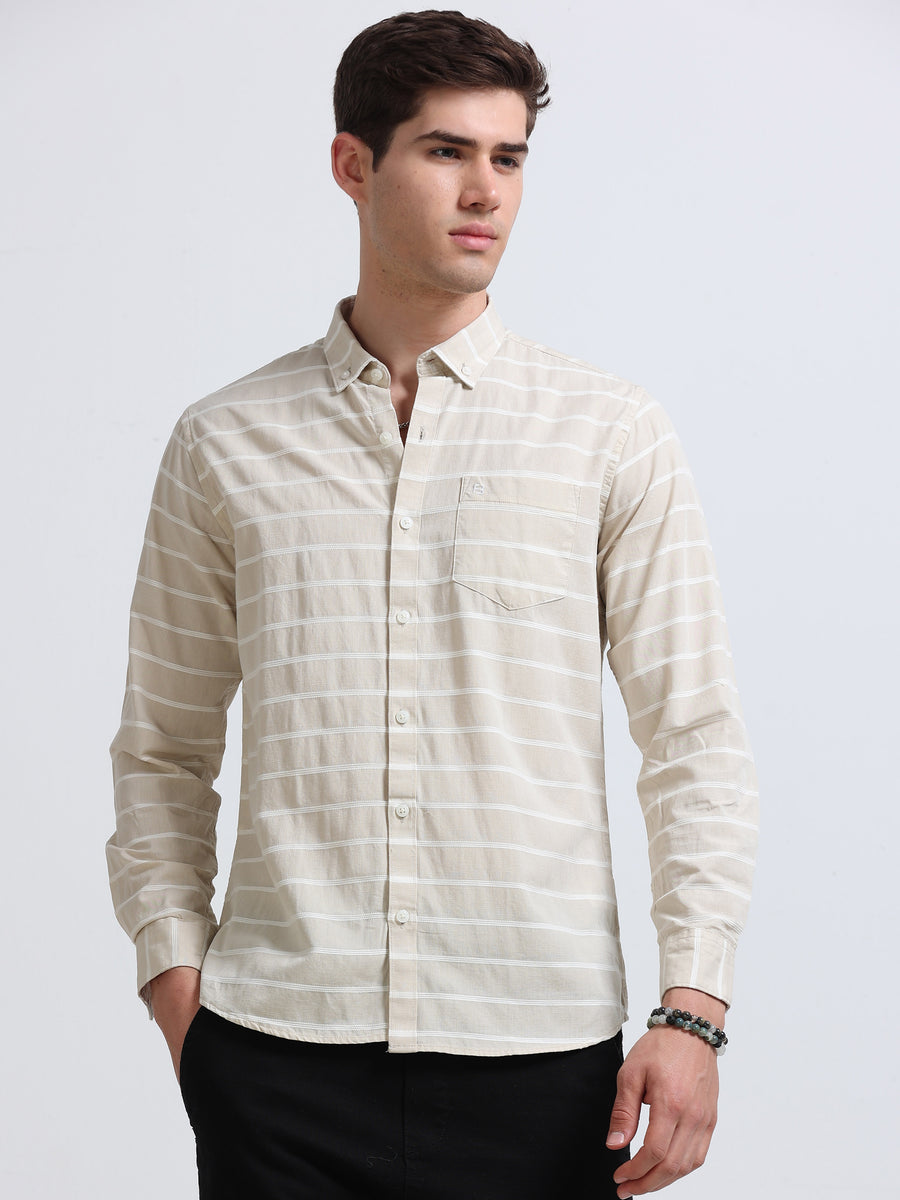Beige White Horizontal Stripe Full Sleeve Cotton Shirt