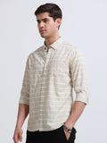 Beige White Horizontal Stripe Full Sleeve Cotton Shirt