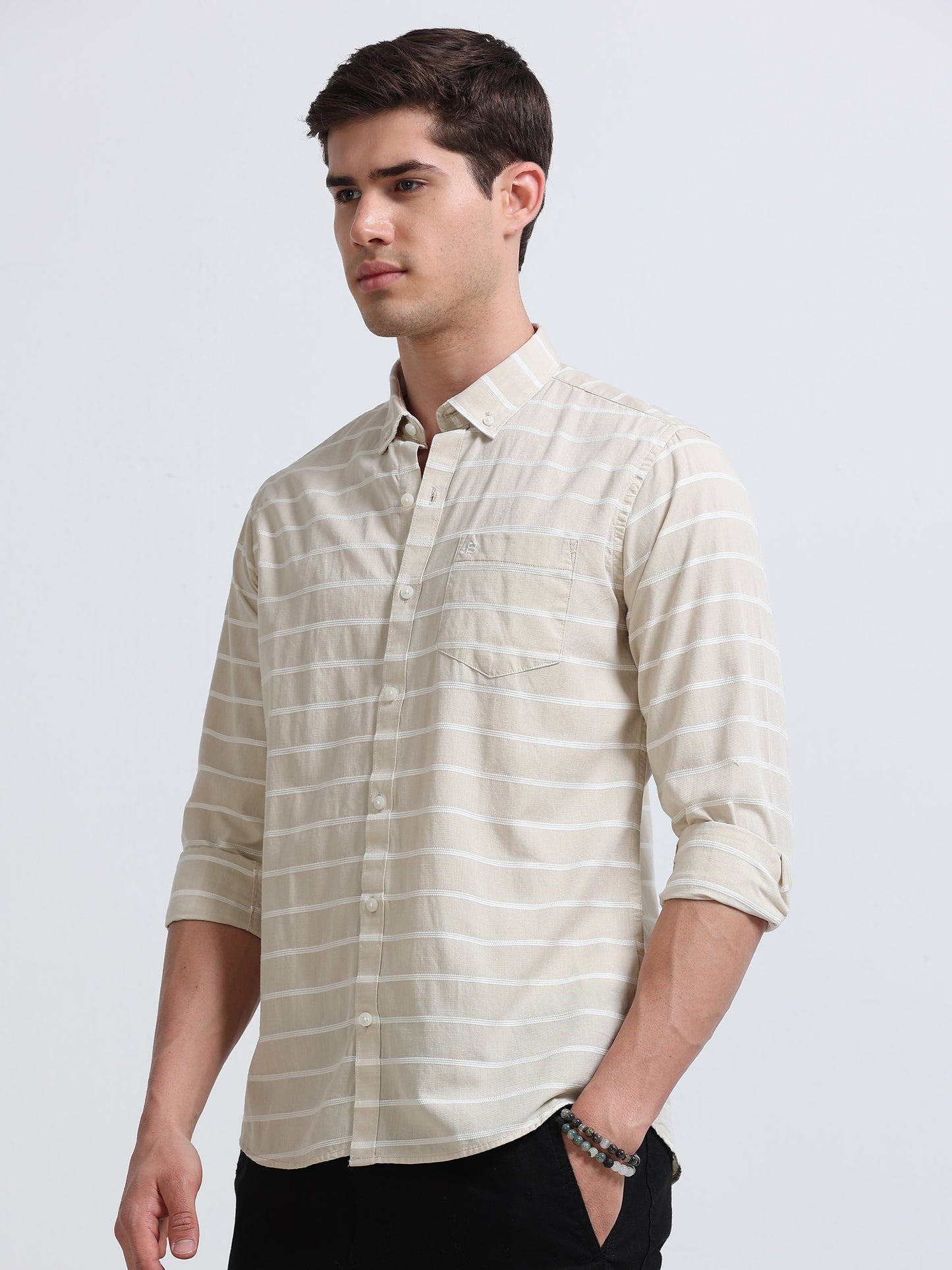 Beige White Horizontal Stripe Full Sleeve Cotton Shirt