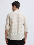 Beige White Horizontal Stripe Full Sleeve Cotton Shirt