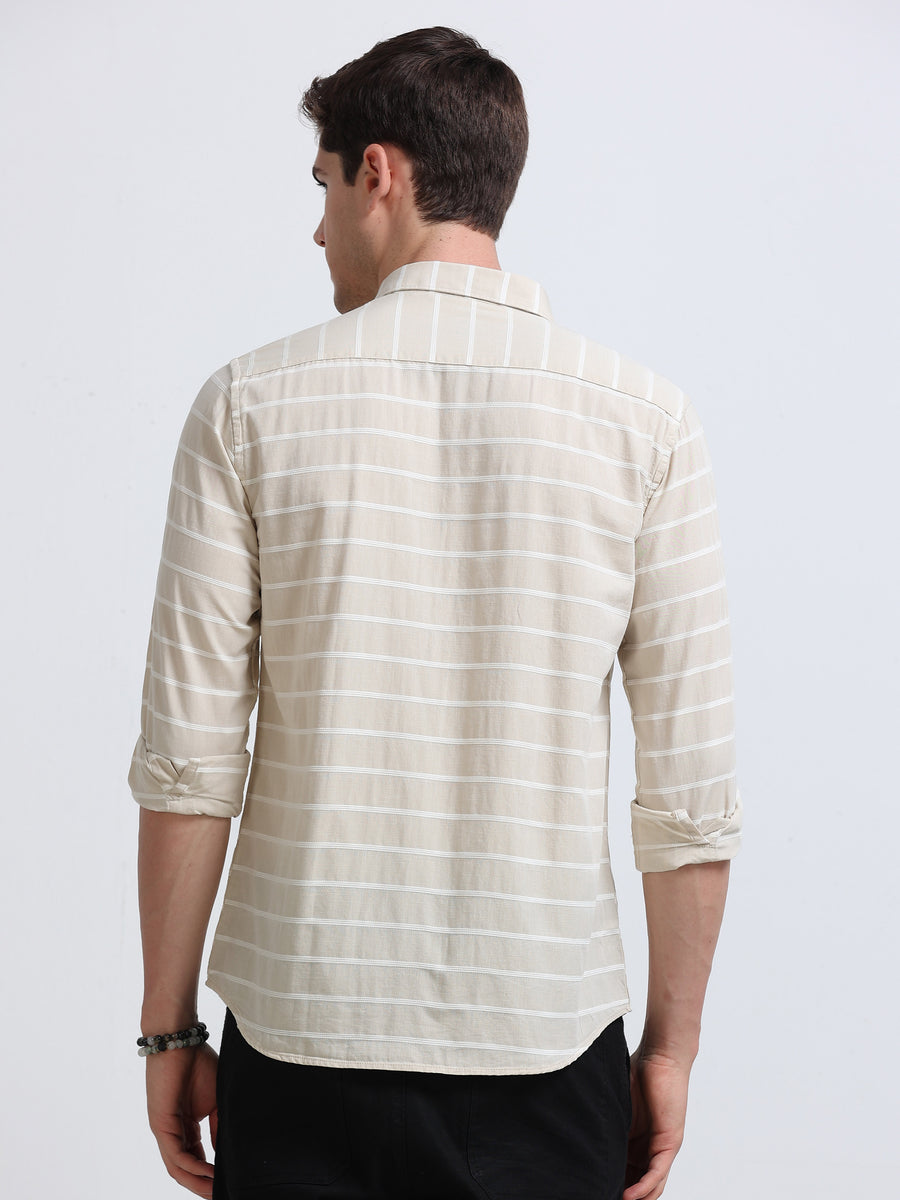 Beige White Horizontal Stripe Full Sleeve Cotton Shirt