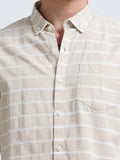 Beige White Horizontal Stripe Full Sleeve Cotton Shirt