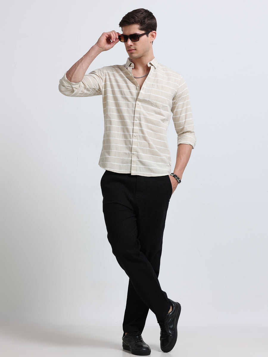 Beige White Horizontal Stripe Full Sleeve Cotton Shirt