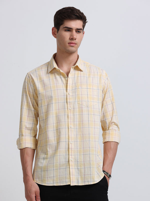Yellow Large Check Full Sleeve Cotton Shirt