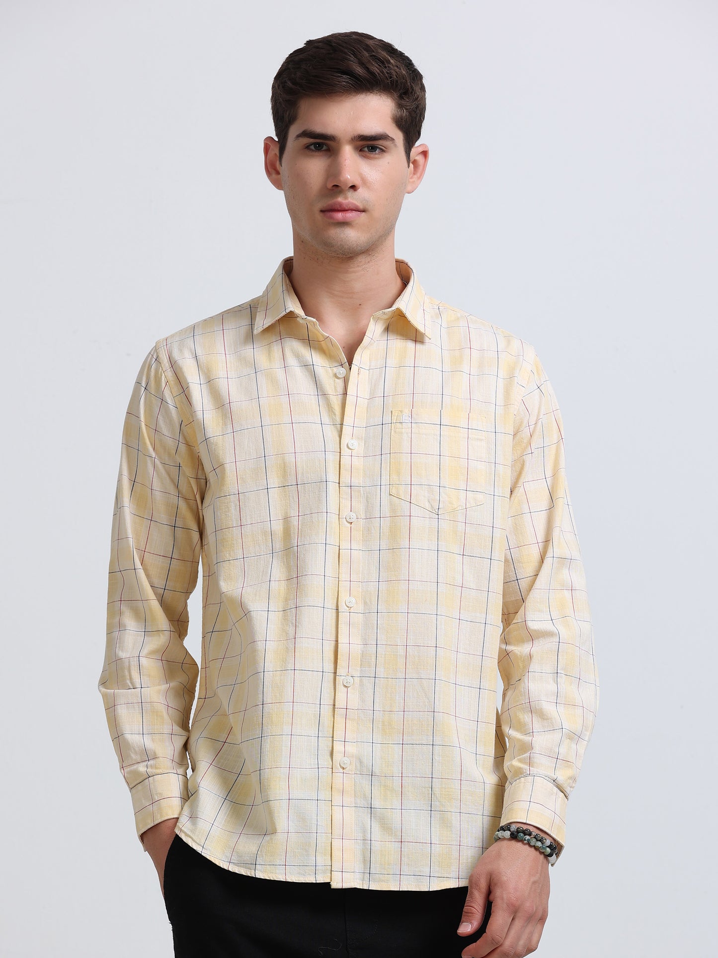 Yellow Large Check Full Sleeve Cotton Shirt