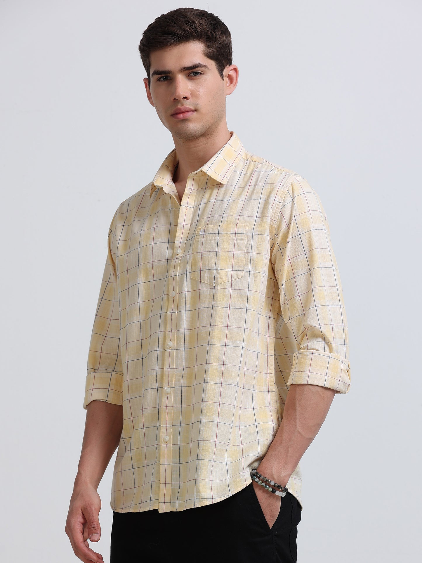 Yellow Large Check Full Sleeve Cotton Shirt