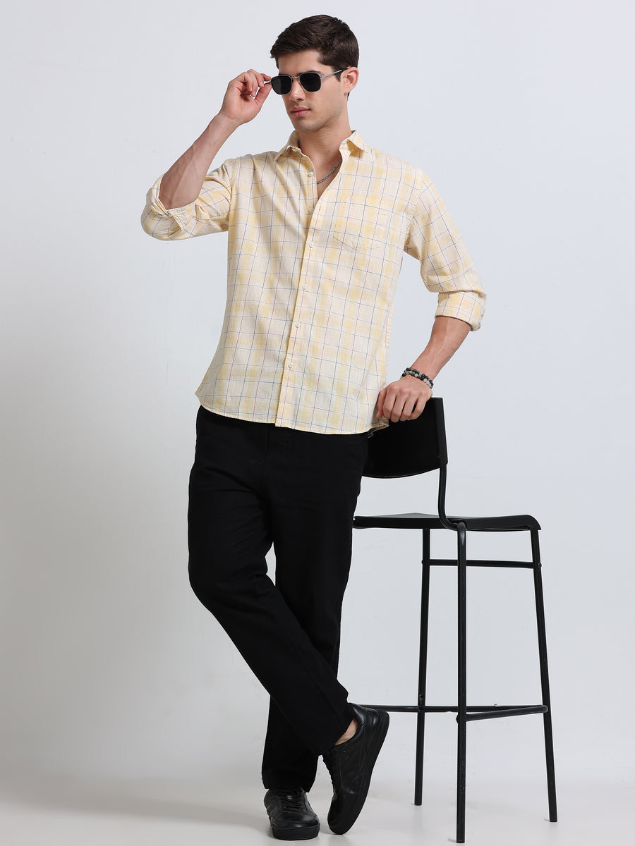 Yellow Large Check Full Sleeve Cotton Shirt