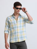Yellow Aqua Large Check Full Sleeve Cotton Shirt