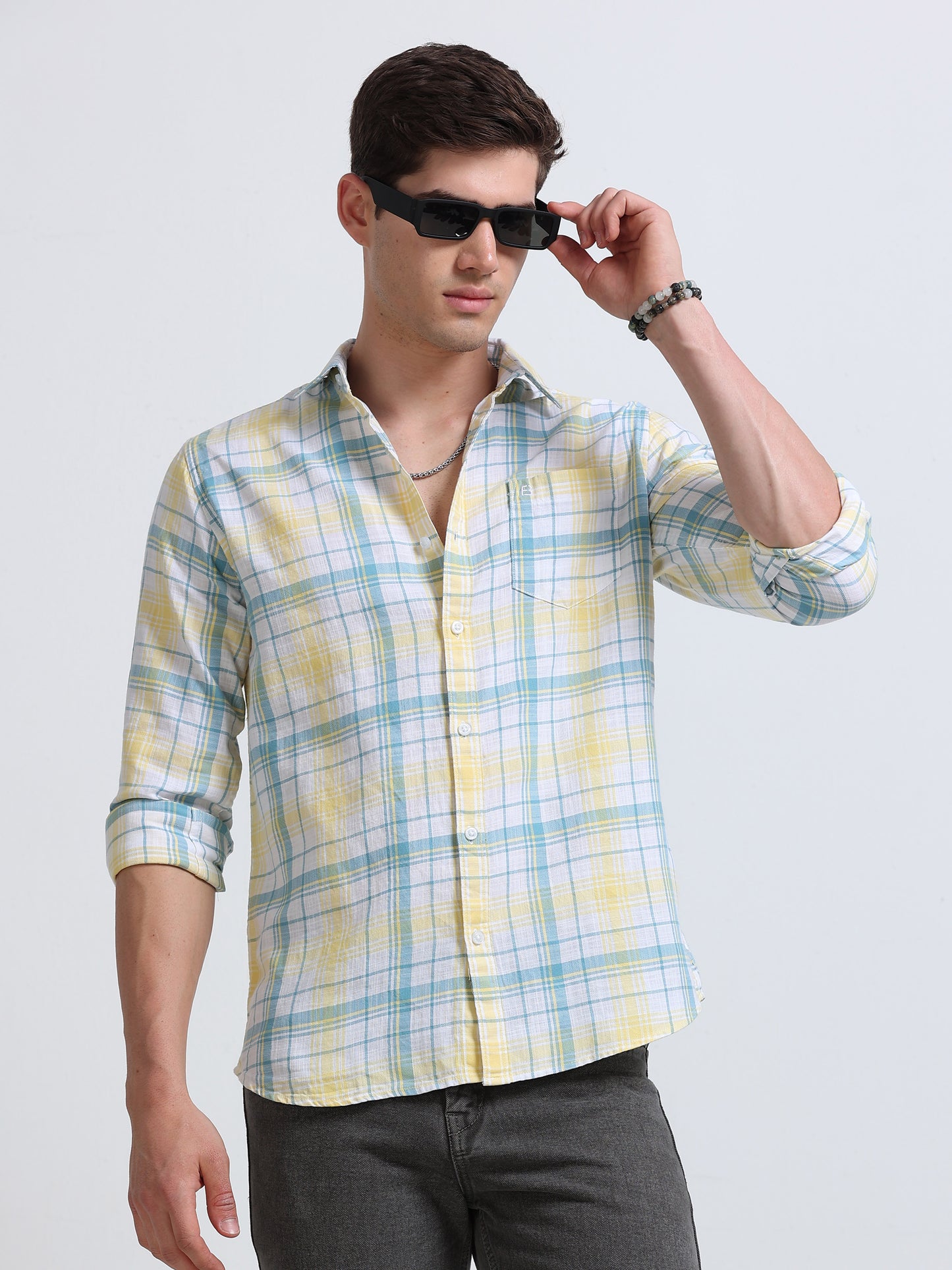 Yellow Aqua Large Check Full Sleeve Cotton Shirt