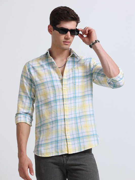 Yellow Aqua Large Check Full Sleeve Cotton Shirt