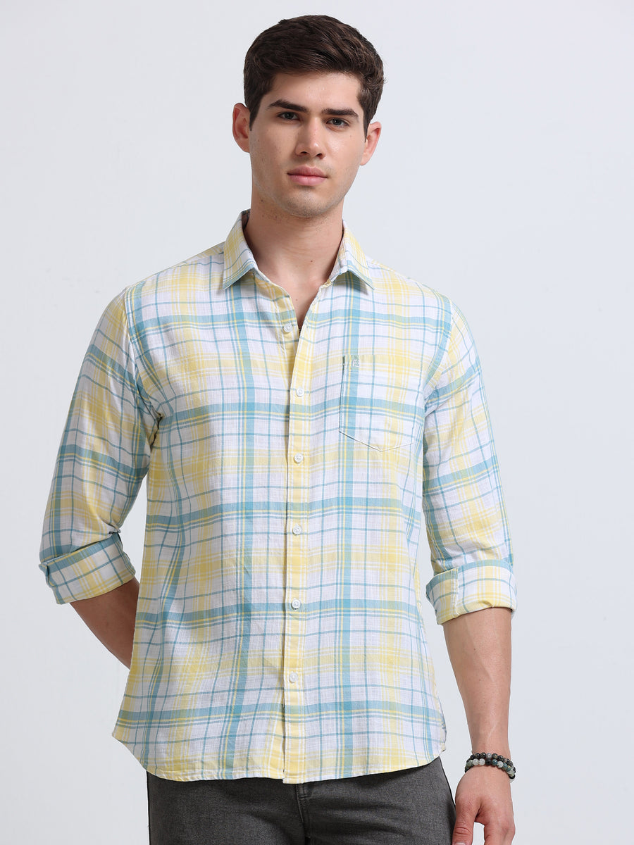 Yellow Aqua Large Check Full Sleeve Cotton Shirt