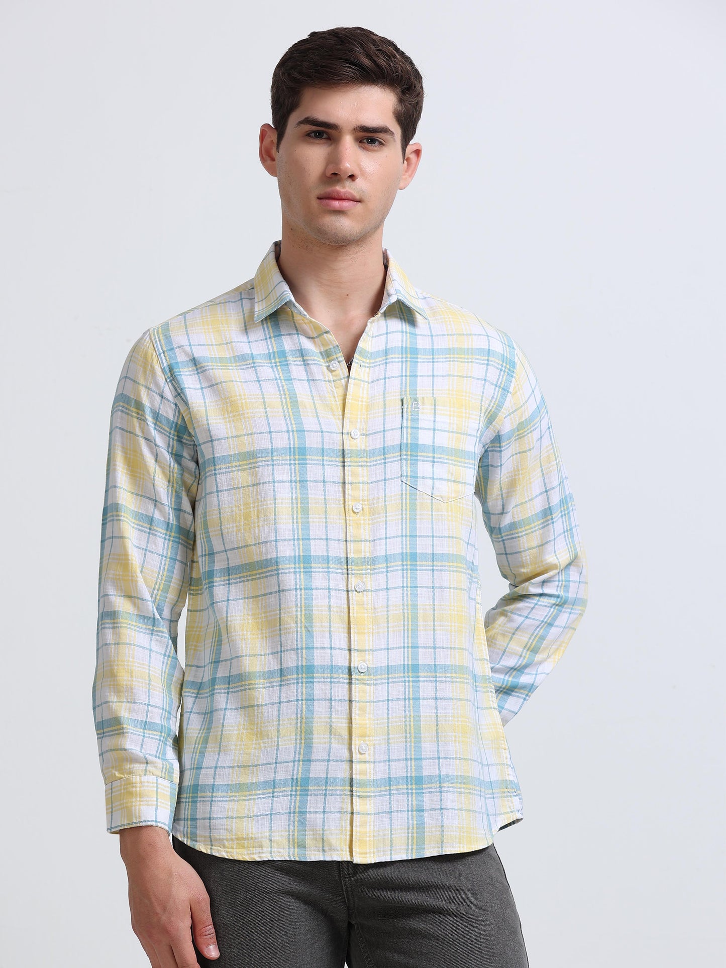 Yellow Aqua Large Check Full Sleeve Cotton Shirt
