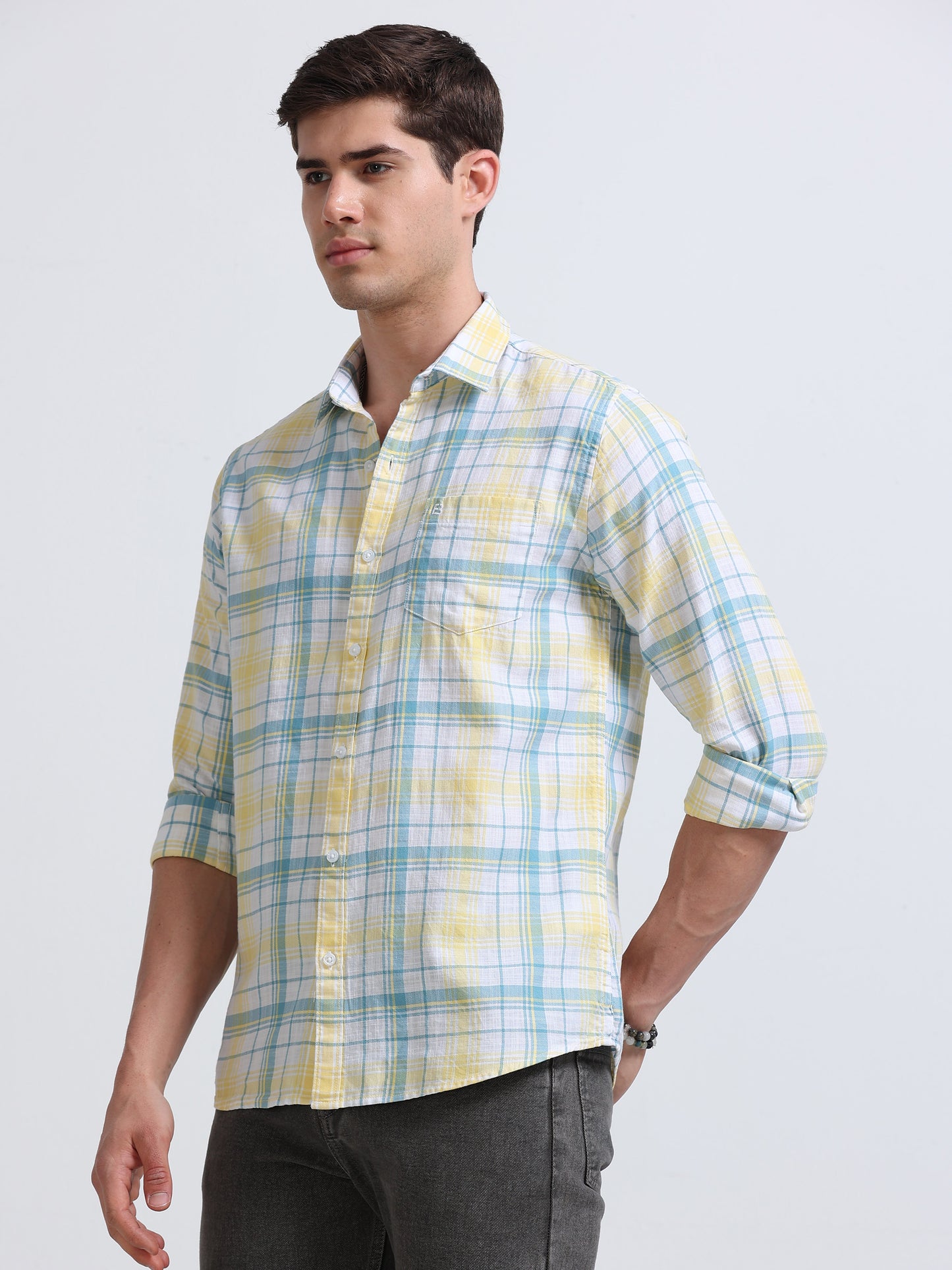 Yellow Aqua Large Check Full Sleeve Cotton Shirt