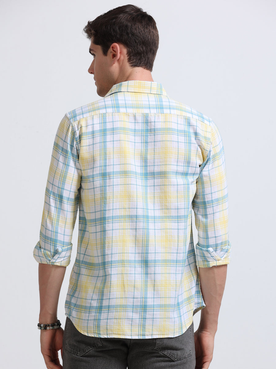 Yellow Aqua Large Check Full Sleeve Cotton Shirt